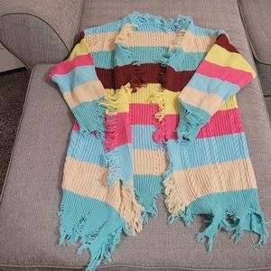Multi Color Knit Frayed Striped Cardigan Sweater Size Medium Oversized